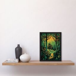 Artery8 Cabin Hut in the Forest Green & Orange Linocut Artwork Framed Wall Art Print A4 in Black - thumbnail 2