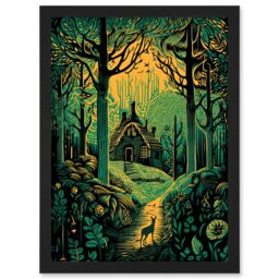 Artery8 Cabin Hut in the Forest Green & Orange Linocut Artwork Framed Wall Art Print A4 in Black - thumbnail 1