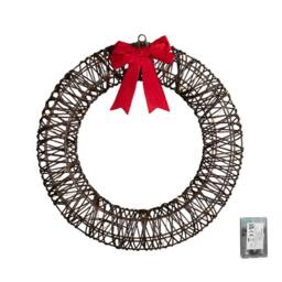 Samuel Alexander 50cm Battery Operated Christmas Wreath with Red Bow & 40 White LEDs in Brown - thumbnail 1