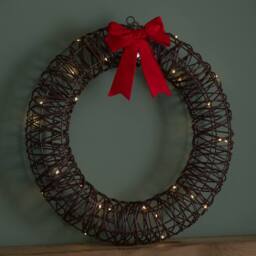 Samuel Alexander 50cm Battery Operated Christmas Wreath with Red Bow & 40 White LEDs in Brown - thumbnail 5