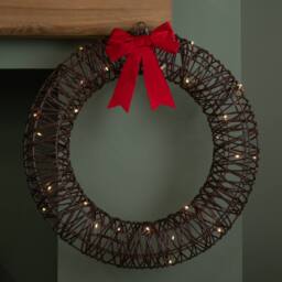 Samuel Alexander 50cm Battery Operated Christmas Wreath with Red Bow & 40 White LEDs in Brown - thumbnail 2