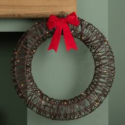 Samuel Alexander 50cm Battery Operated Christmas Wreath with Red Bow & 40 White LEDs in Brown - thumbnail 4