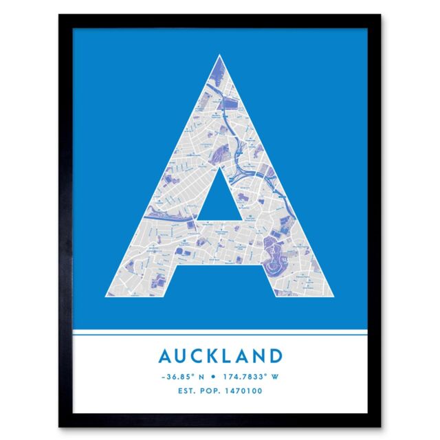 "Wee Blue Coo Wall Art Print Auckland New Zealand City Map Modern Typography Stylish Letter Framed Word in Blue - Size: W12"" x H16""" - image 1