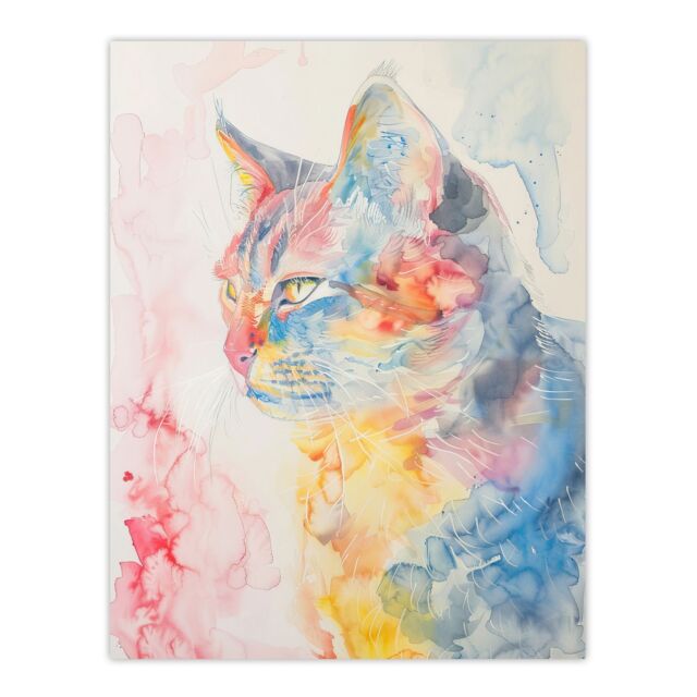 "Artery8 Cat Lover Pastel Rainbow Watercolour Portrait Wall Art Print - Size: W24"" x H32""" - image 1