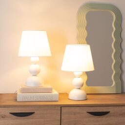 ValueLights Winnie Pair of Cream Fabric Shade Stacked Touch Table Lamps