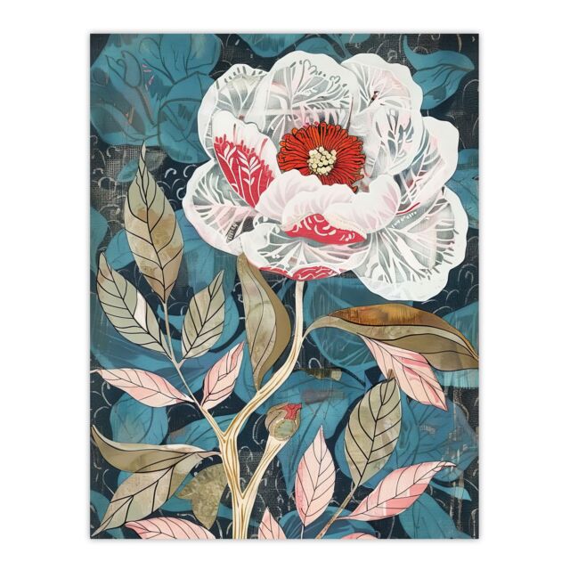 "Artery8 Peony Flower White Red Bloom Artistic Design Wall Art Print in Blue - Size: W24"" x H32""" - image 1