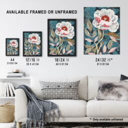 "Artery8 Peony Flower White Red Bloom Artistic Design Wall Art Print in Blue - Size: W24"" x H32""" - thumbnail 3