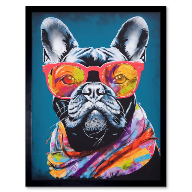 "Artery8 Wall Art Print English Bulldog with Neon Bandana & Sunglasses Art Framed in Black - Size: W12"" x H16""" - image 1
