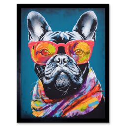 "Artery8 Wall Art Print English Bulldog with Neon Bandana & Sunglasses Art Framed in Black - Size: W12"" x H16""" - thumbnail 1