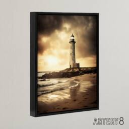 "Artery8 Lighthouse Beach Sunset Seascape Framed Canvas Wall Art Print in Brown - Size: W18"" x H24""" - thumbnail 2