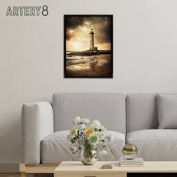 "Artery8 Lighthouse Beach Sunset Seascape Framed Canvas Wall Art Print in Brown - Size: W18"" x H24""" - thumbnail 3