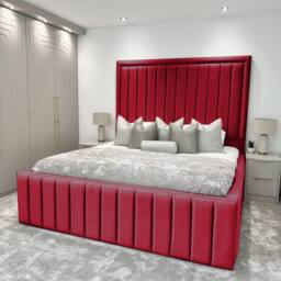 UK Bed Furniture Hampton Upholstered Bed Frame with 54-Inch Headboard - Slatted Base in Maroon - Size: Super King - thumbnail 1