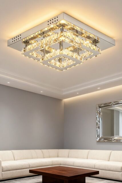 Living and Home 40x40cm Square Glamorous Crystal LED Ceiling Light in Silver - Size: 40x40 cm
