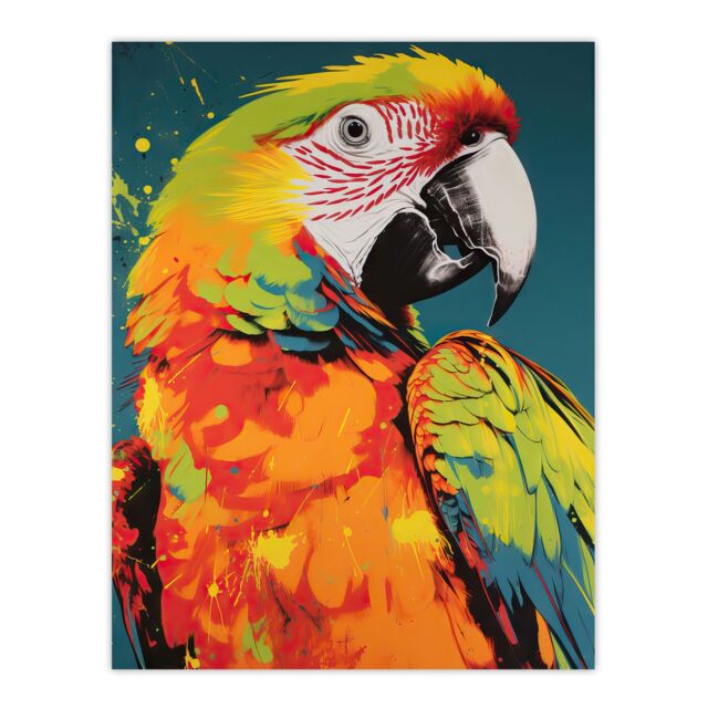"Artery8 Wall Art Print Macaw Parrot Neon Orange Green On Teal Exotic Bird Artwork Vibrant Bold Bright Colourful Painting Poster - Size: W24"" x H32""" - image 1