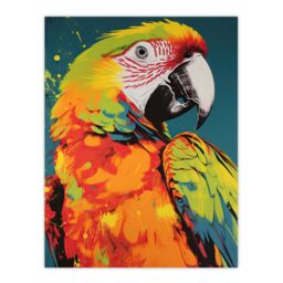 "Artery8 Wall Art Print Macaw Parrot Neon Orange Green On Teal Exotic Bird Artwork Vibrant Bold Bright Colourful Painting Poster - Size: W24"" x H32""" - thumbnail 1