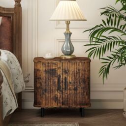 HOMCOM Nightstand with Sliding Doors & Metal Legs in Brown - thumbnail 1