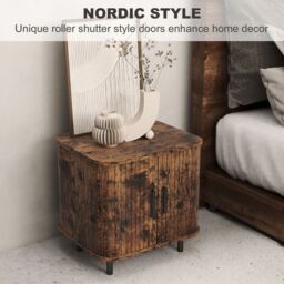 HOMCOM Nightstand with Sliding Doors & Metal Legs in Brown - thumbnail 4