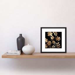 Artery8 Rose Gold Poppy Flower Botanicals Metallic Effect Foil on Black Style Floral Painting Square Wooden Framed Wall Art Print Picture 8X8 Inch - thumbnail 2