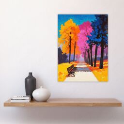 "Artery8 Park Bench Colourful Tree Path Vibrant Landscape Wall Art Print - Size: W12"" x H16""" - thumbnail 4