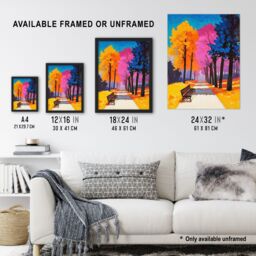 "Artery8 Park Bench Colourful Tree Path Vibrant Landscape Wall Art Print - Size: W12"" x H16""" - thumbnail 3