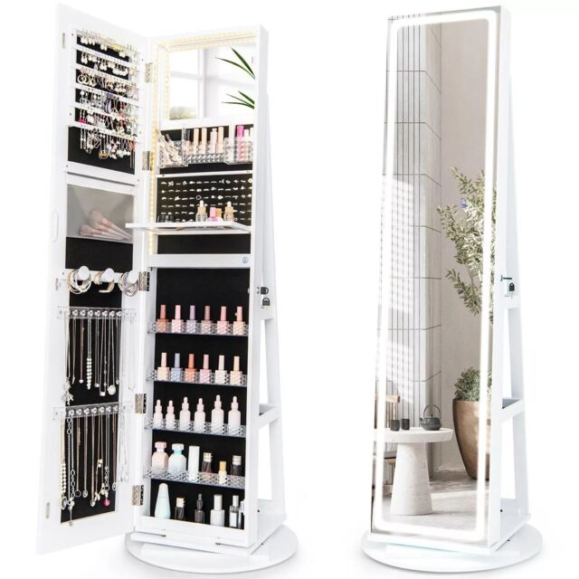 Costway 360 Swivel Jewelry Cabinet Lockable Jewelry Makeup Armoire w/ LED Lights in White - image 1
