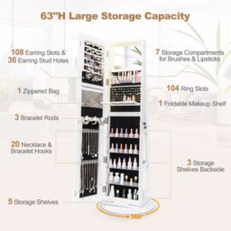 Costway 360 Swivel Jewelry Cabinet Lockable Jewelry Makeup Armoire w/ LED Lights in White - thumbnail 6