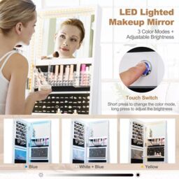 Costway 360 Swivel Jewelry Cabinet Lockable Jewelry Makeup Armoire w/ LED Lights in White - thumbnail 5