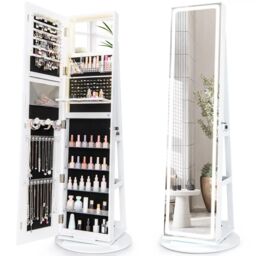 Costway 360 Swivel Jewelry Cabinet Lockable Jewelry Makeup Armoire w/ LED Lights in White - thumbnail 1