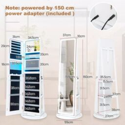 Costway 360 Swivel Jewelry Cabinet Lockable Jewelry Makeup Armoire w/ LED Lights in White - thumbnail 2