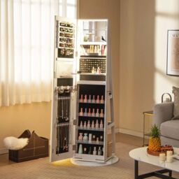 Costway 360 Swivel Jewelry Cabinet Lockable Jewelry Makeup Armoire w/ LED Lights in White - thumbnail 3