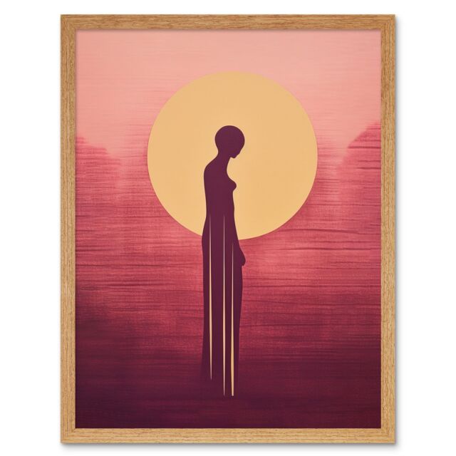 "Artery8 Wall Art Print Sunrise Solitude Minimalist Artwork Plum Pink Gold African Woman Silhouette in Golden Sun Halo Art Framed - Size: W12"" x H16""" - image 1