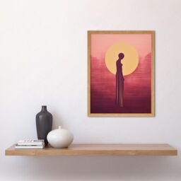 "Artery8 Wall Art Print Sunrise Solitude Minimalist Artwork Plum Pink Gold African Woman Silhouette in Golden Sun Halo Art Framed - Size: W12"" x H16""" - thumbnail 2
