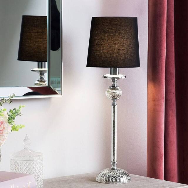 Wyld and Coco Table Lamp - Silver Carved Metal Base Black Empire Shade Glass Accents - image 1