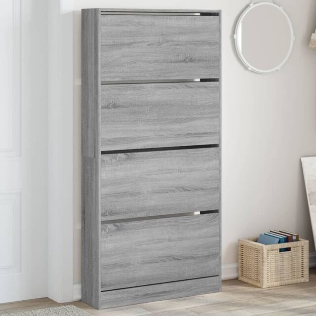 Berkfield Home Shoe Cabinet with 4 Flip-Drawers Grey Sonoma 80x21x163.5 cm - image 1