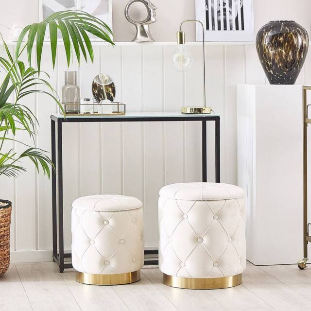 Wyld and Coco Velvet Storage Pouffe White with Gold Base Button-Tufted - image 1