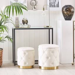 Wyld and Coco Velvet Storage Pouffe White with Gold Base Button-Tufted