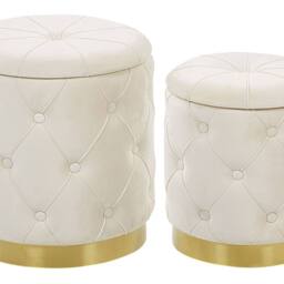 Wyld and Coco Velvet Storage Pouffe White with Gold Base Button-Tufted - thumbnail 2
