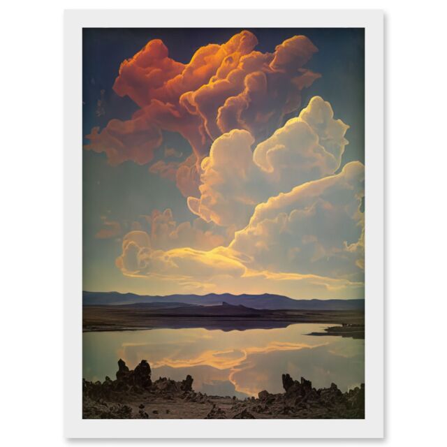 Artery8 Vintage Style Atmospheric Cloud Reflections in Lake Modern Watercolour Painting Artwork Framed Wall Art Print A4 in White - image 1