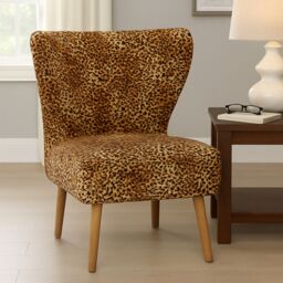 Orsina Leopard Print Velvet Chair, High Back Accent Chair With Padded Seat, Curved Shape Mango Wood Frame in Brown
