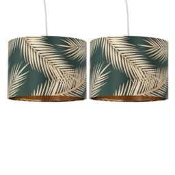 First Choice Lighting Set of 2 Tropica - Dark Green with Gold 25cm Pendant or Lamp Shades - thumbnail 1