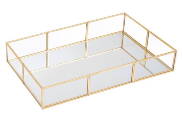 Orsina Glass Jewellery Tray With Mirror Base, Metallic Rectangular Jewelry Tray Organizer, Makeup Organiser in Gold - image 1
