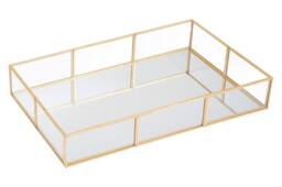 Orsina Glass Jewellery Tray With Mirror Base, Metallic Rectangular Jewelry Tray Organizer, Makeup Organiser in Gold