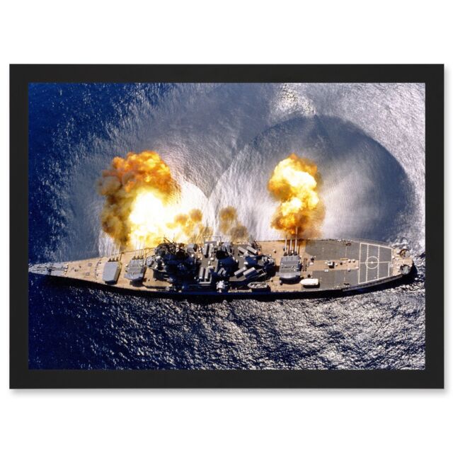 Artery8 Elliot US Navy USS Iowa Battleship Fires Broadside BB-61 Photo Artwork Framed Wall Art Print A4 in Black - image 1