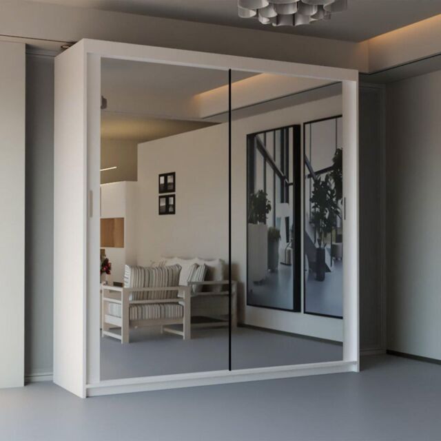 Sliding Wardrobes 4U Modern Double Sliding Door Wardrobe 180cm X 217cm in White - Size: 180 cm X 217 cm - image 1
