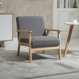 HOMCOM Accent Chair with Wood Frame Wide Seat Linen Armchair in Grey