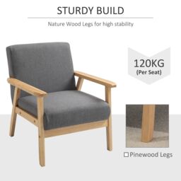 HOMCOM Accent Chair with Wood Frame Wide Seat Linen Armchair in Grey - thumbnail 5