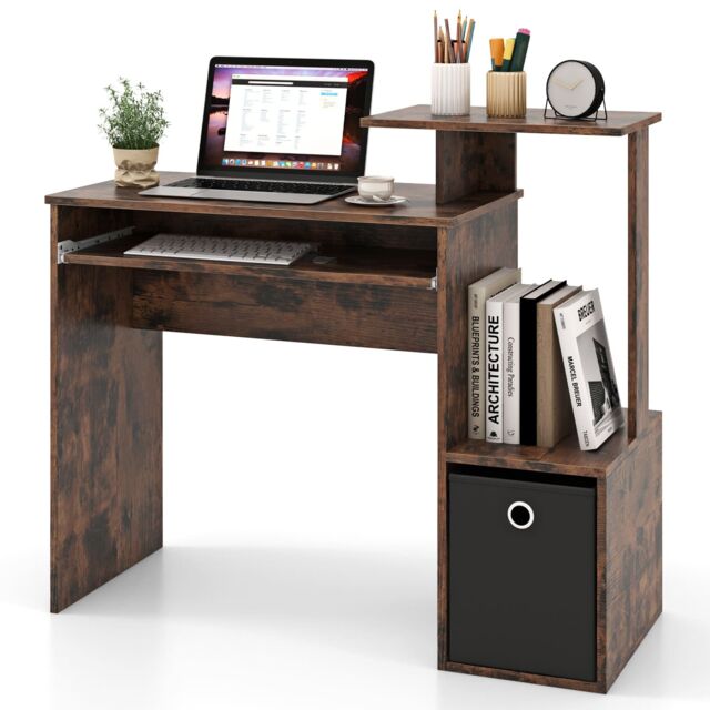 Costway Space-saving Computer Desk with Open Shelf & Fabric Storage Drawer in Brown - image 1