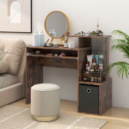 Costway Space-saving Computer Desk with Open Shelf & Fabric Storage Drawer in Brown - thumbnail 3