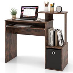 Costway Space-saving Computer Desk with Open Shelf & Fabric Storage Drawer in Brown