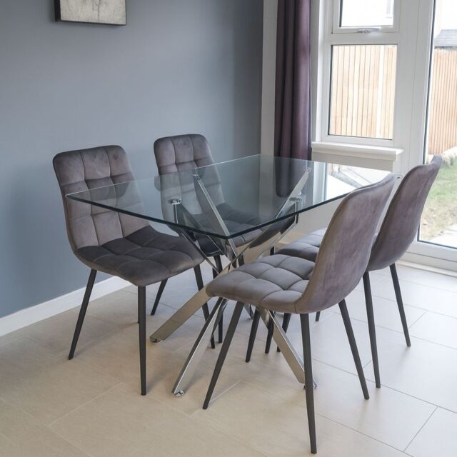 KOSY KOALA Modern Rectangle Glass Dining Table Set With 4 Grey Velvet Chairs Dining Room Furniture in Brown - image 1